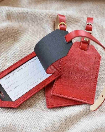 Red leather luggage tags